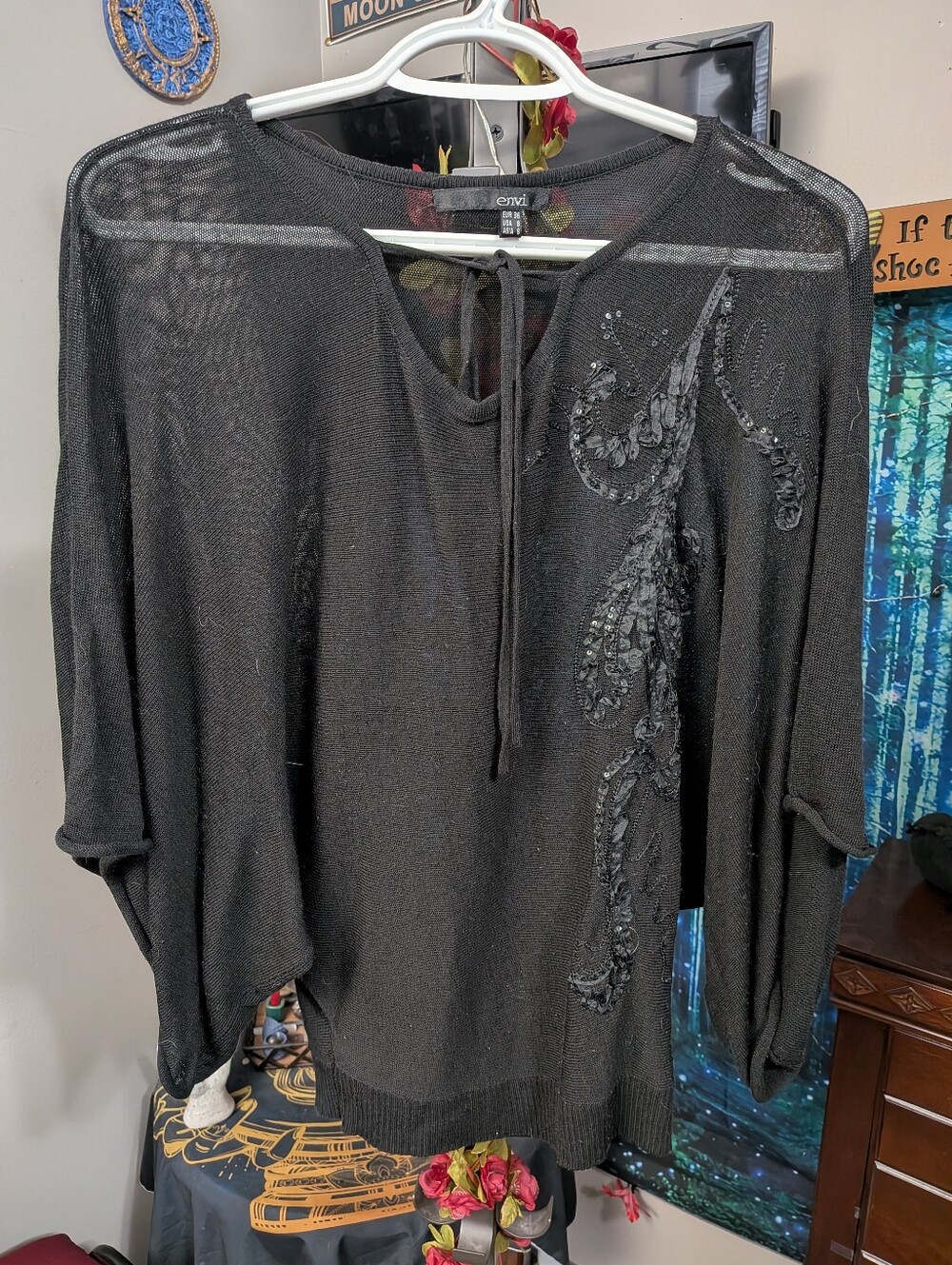 Envi Black Beaded Tie-Neck Sheer Sweater With Sequin Design, Size 8